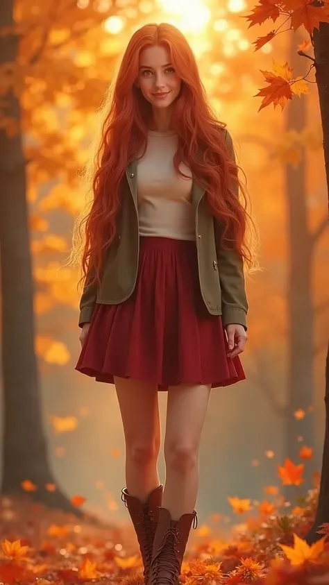 best quality, masterpiece, ultra-detailed, high definition, autumn painting, realistic atmosphere, a beautifully detailed image of a girl in a photo setting. The girl is standing outdoors during sunset, surrounded by vibrant autumn leaves. Her long red hai...