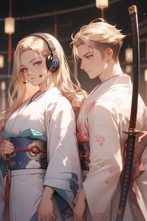 someone wearing a katana wearing a long hair kimono wearing a headset someone wearing a long and blond hair kimono wearing a katana wearing a long and blond hair wearing two men next to each other