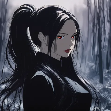   1 girl,    Jujutsu Kaisen anime screenshot, Alone, Very long_hair, ((smooth texture hair)) purple eyes, ((long hair, black hair, hair ponytail , red_eye)), Chests,   upper  _body, smile, Forest Background, red_eyes, lips, ((long black hair, elegant hairs...