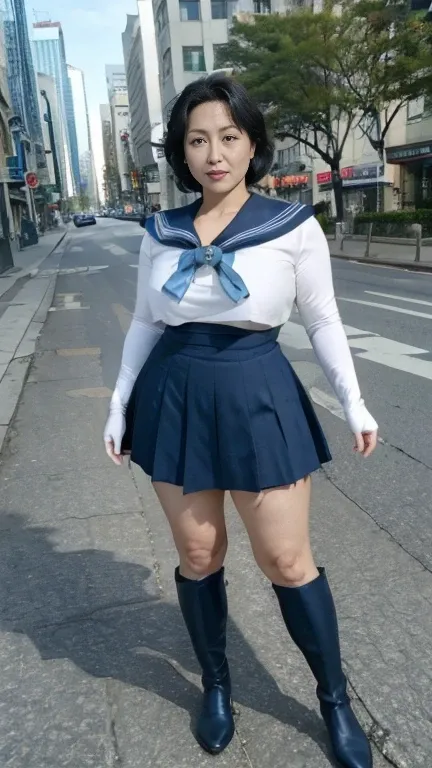 full body shot, from below,  japanese mature,  detailed face , smile, arms up, (curvy body, Large Breasts,  plump thighs:1.5), (Mer1, tiara, sailor senshi uniform, blue sailor collar, bow, knee boots, choker, white gloves, blue choker, elbow gloves, jewelr...