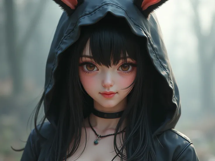  High resolution, 1 girl, long hair, fringe, blush,  black hair, hood, breasts,  rabbit ears , smile, foreshortening, Grano de la película, Lines of exploration, Overexposure, 