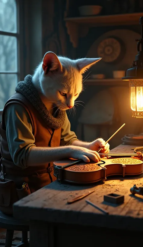 Kaih humanoid cat works late into the night in his workshop, crafting a  humanoid cat violin for Liora. The wooden frame of the violin glows softly under his lantern. Kai looks exhausted but determined, his hands steady as he carves delicate patterns into ...