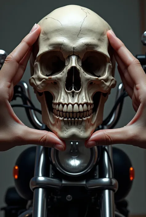 Create a skull on top of a Harley by making a 3 with your hands 
