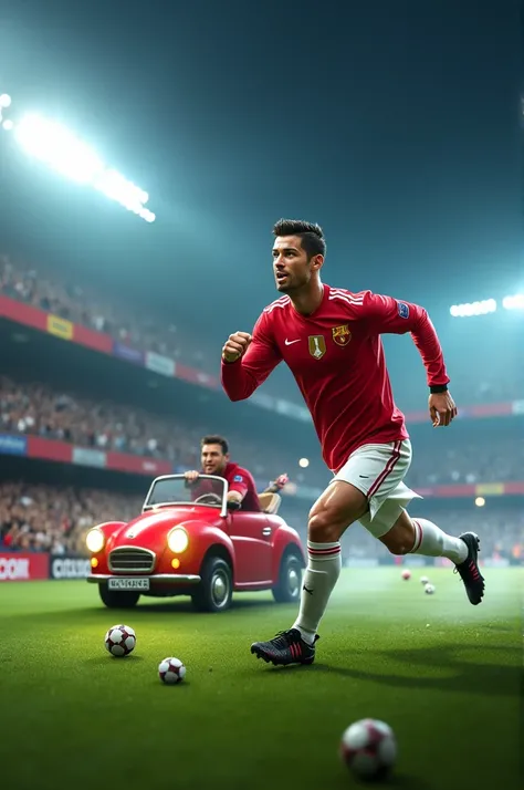 “Create a dynamic and humorous scene of Cristiano Ronaldo running on a football field, chasing after a small car with Lionel Messi driving it. The car is decorated with footballs and has a playful atmosphere, while Ronaldo looks determined but slightly amu...