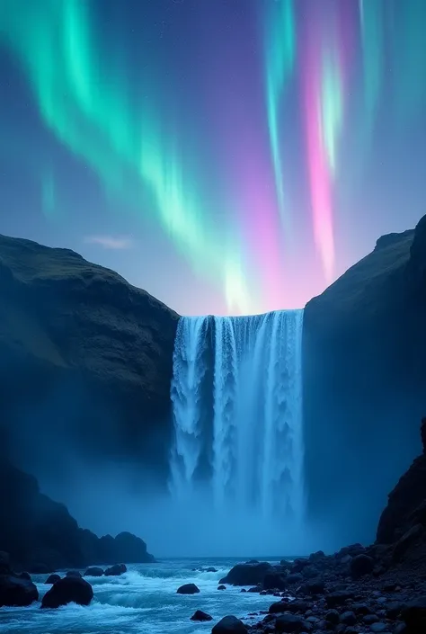 NORTHERN LIGHTS WITH WATERFALL 