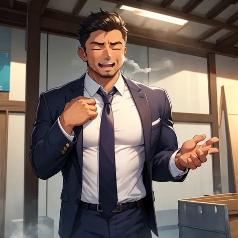 The construction company 、Sales Job、suit、 long sleeve shirt、tie、35-year-old male、Muscular、 shorthair 、 Tanned Skin、Sweating、hot、Steam from both sides、 Steam from Chest 、Raise one arm to the back of the head、Tired、 close your eyes and laugh