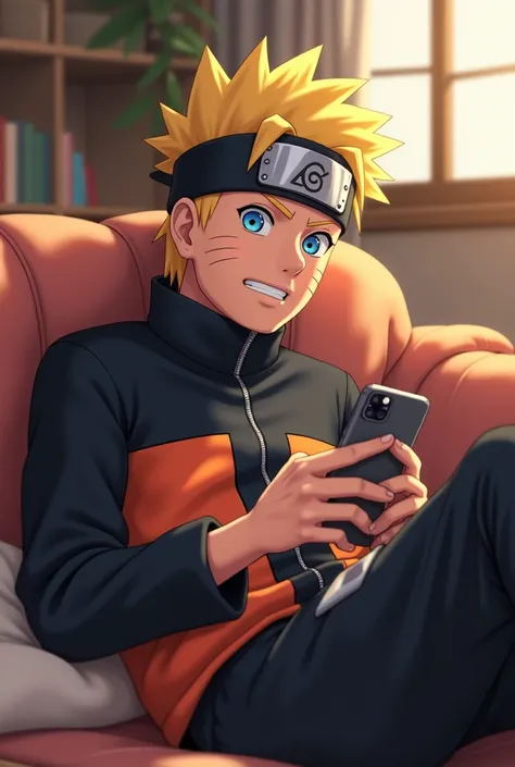 Naruto avec un bandeau écrit GXA et il est  décontracté sur un canapé en jouant au téléphone 

