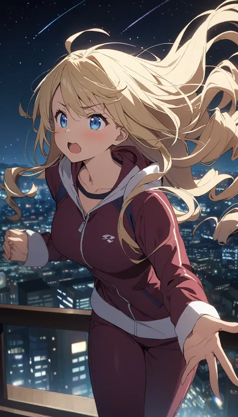 woman、blonde、Long Hair、Drill Hair、Ahoge、 blue eyes、slant eyes, narrow eyes、 maroon sportswear 、 maroon sportswear のパンツ、Running through the air 、 night sky cityscape background , with shooting stars, at night、anime、Illustration、 best quality、 masterpiece、詳細...