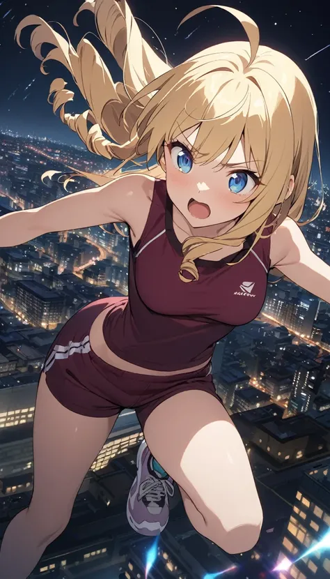 woman、blonde、Long Hair、Drill Hair、Ahoge、 blue eyes、slant eyes, narrow eyes、 maroon sportswear 、 maroon sportswear のパンツ、Running through the air 、 night sky cityscape background , with shooting stars, at night、anime、Illustration、 best quality、 masterpiece、詳細...