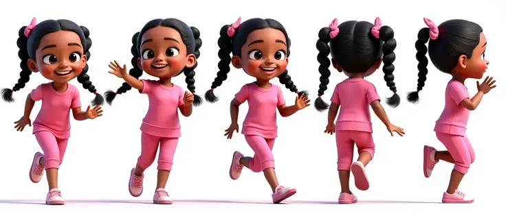 A highly detailed 3D character in Disney style with Pixar-quality rendering of a African American girly named Jojo, with warm brown skin and two long braided ponytails positioned sideways. He has a prominent forehead, bright curious eyes, and a joyful smil...