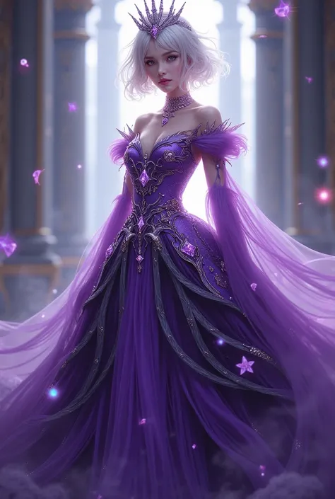 A queen with a hairstyle hime cut, purple eyes, a diamond in forehead, and a dress that is purple,silver, and any other shades of purple with diamond embellishment, full body