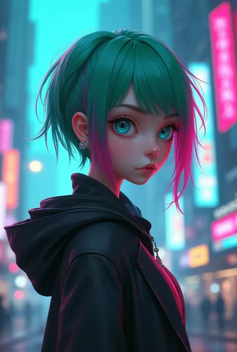 Women, Realistic character,  green hair with pink locks, Blue eyes, animated, alone, Modern, cyberpunk