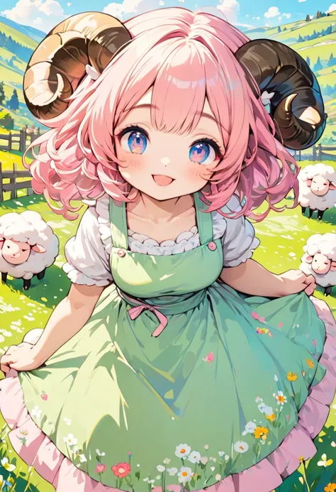 Pastoral scene with a cute illustration theme, BREAK (Woman with pink hair and sheeps horns, wearing an apron dress, cheerful expression, youthful appearance, delicate features, slender build, slightly blushing cheeks), BREAK (Sheep, fluffy wool, gentle ey...