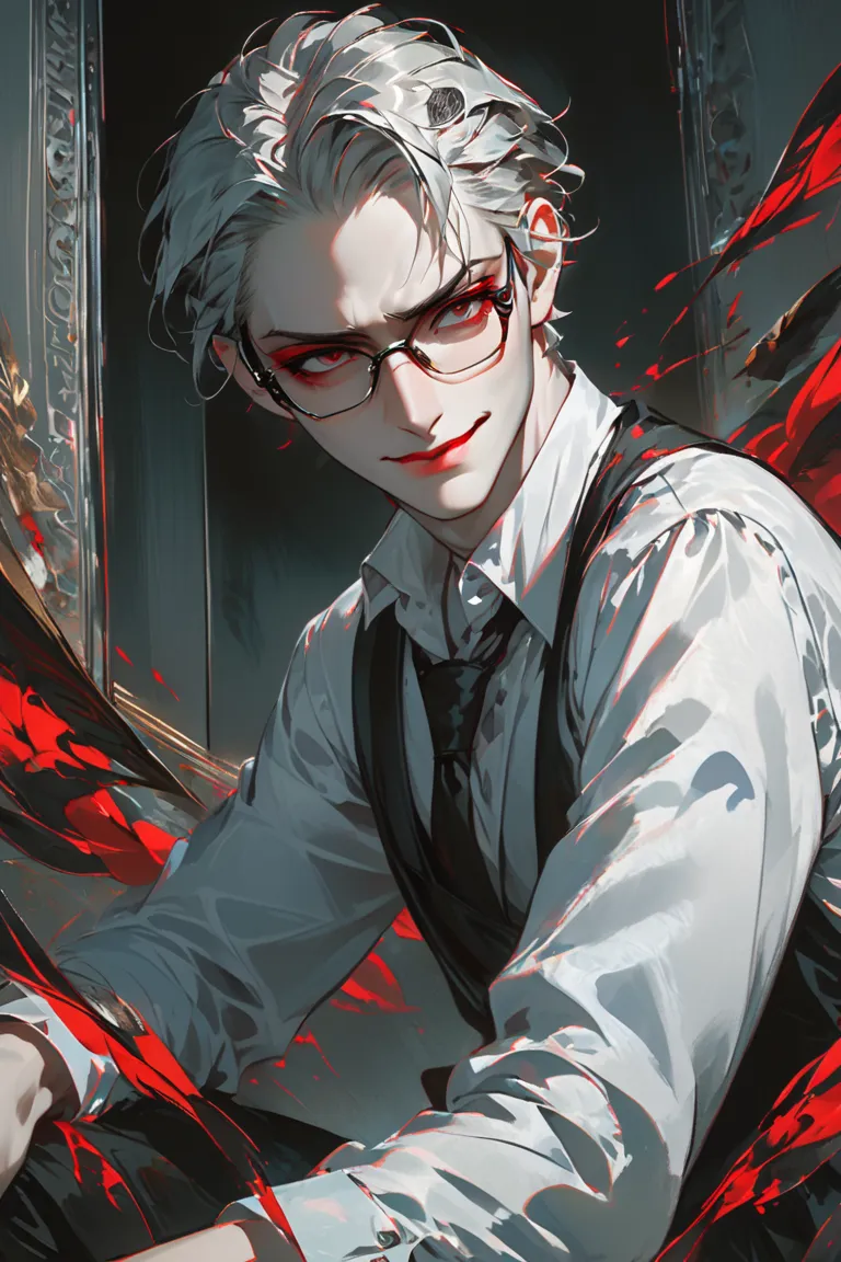 masterpiece, high_quality, distinct_image, 1boy, white skin, red lips, grey eyes, rectangular eyewear, white shirt, grey hair, s...