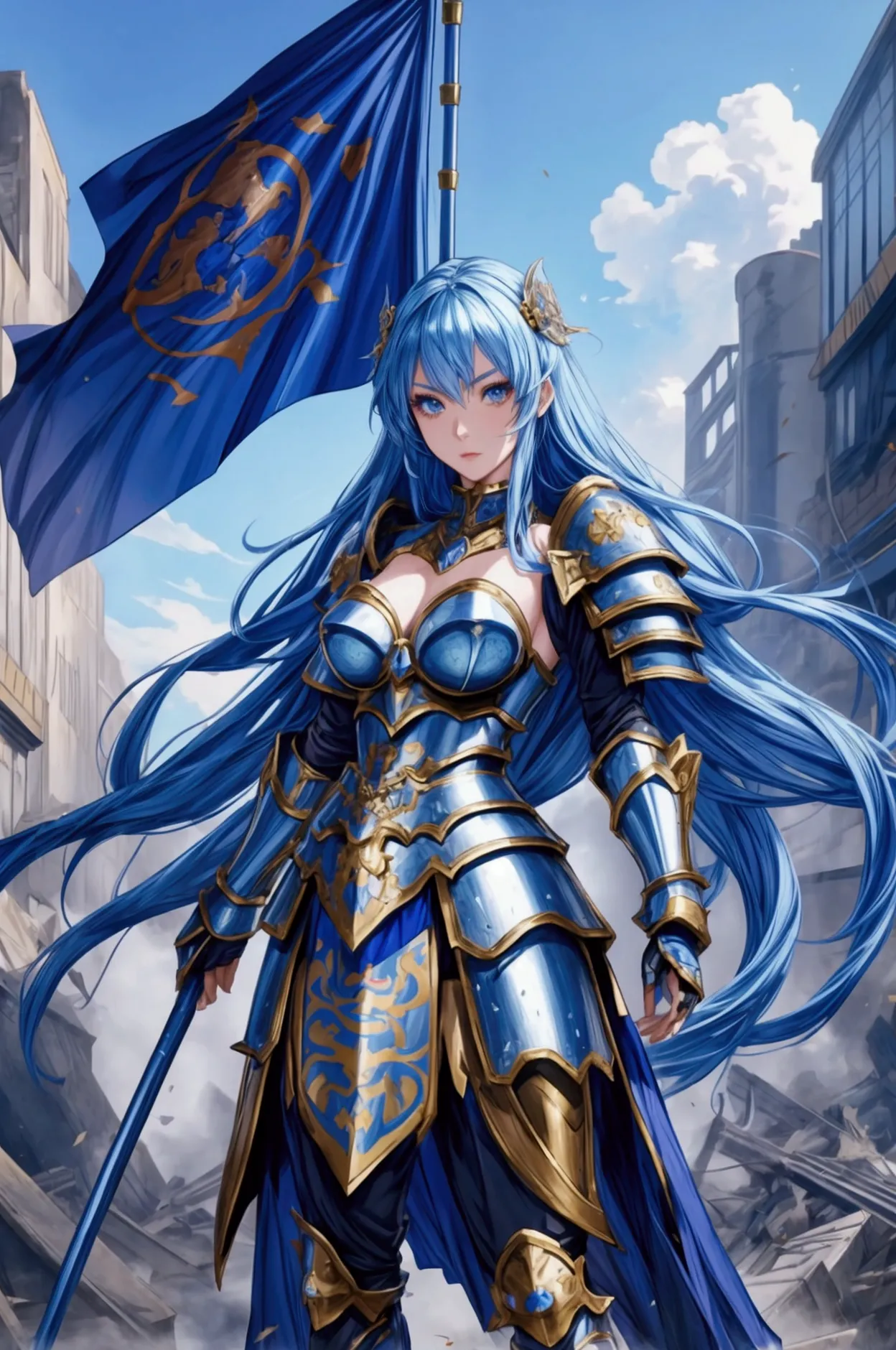 beautifull gorgeous anime woman, in conqueror japanesse armour, conquering a city, blue armour, league of legends character, sim...