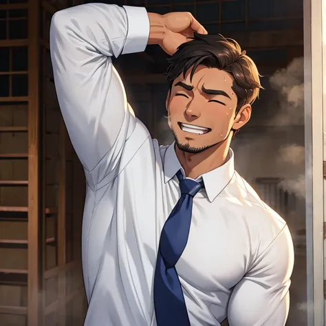 The construction company 、Sales Job、suit、 long sleeve shirt、tie、35-year-old male、Muscular、 shorthair 、 Tanned Skin、Sweating、hot、Steam from the side、 Steam from Chest 、Raise one arm to the back of the head、Tired、 close your eyes and laugh