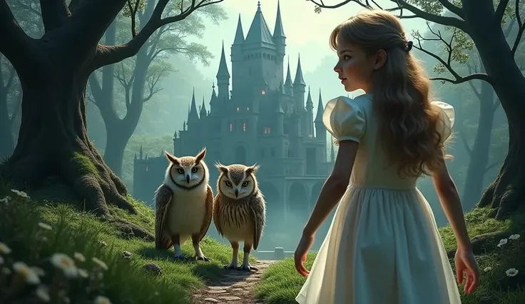 a majestic castle in a dark enchanted forest, a girl in a white dress, a baron owl, and an elf walking together, beautiful detailed eyes, beautiful detailed lips, extremely detailed eyes and face, long eyelashes, fantasy, magical realism, fairy tale, (best...