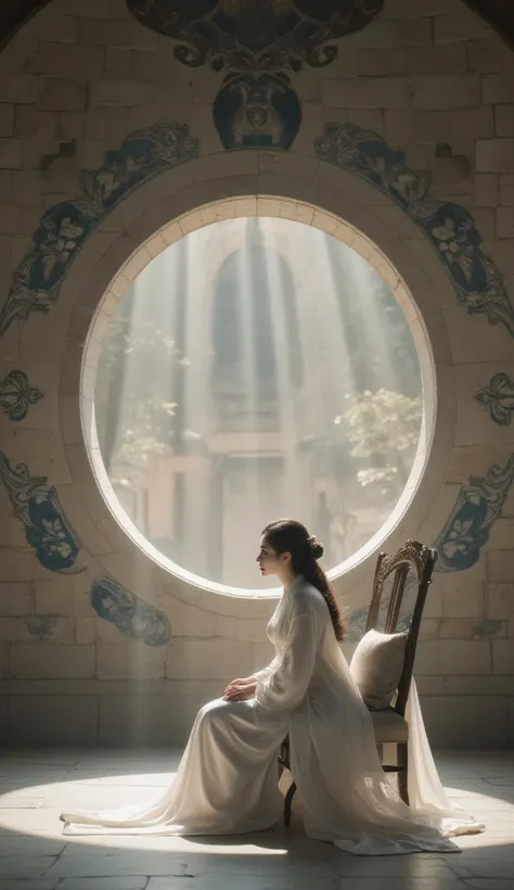 1girl, solo, white Hanfu, circular mural, stone, half body close-up, (sitting on the Grand Tutors Chair:1.6), autumn theme, indoor, simple background, cinematic feeling, sense of scale and narrative, ethereal scene, peaceful loneliness, stunning contrast a...