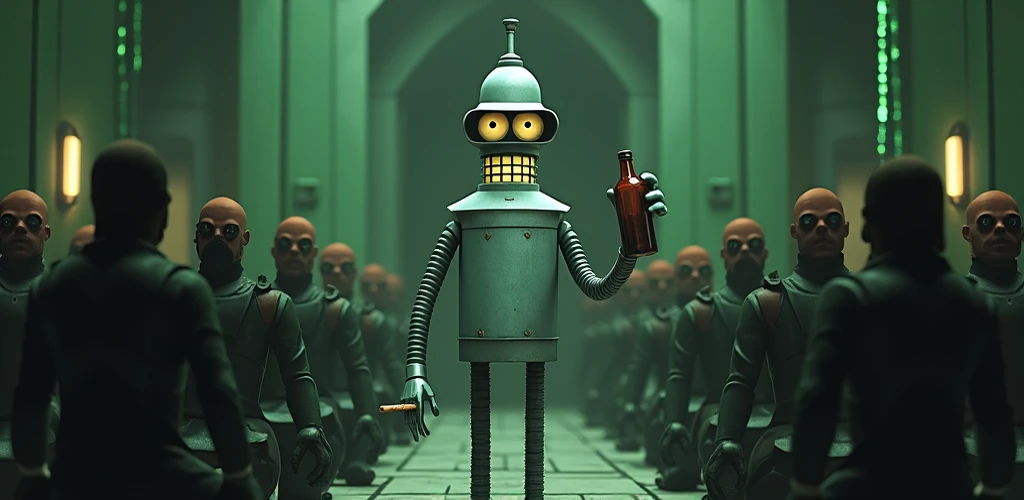 Robot Bender in one hand holding a bottle in the other a cigar, in front of him kneeling agents of the matrix, style animation