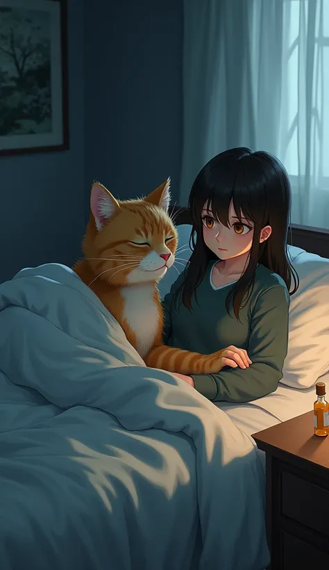  Humanoid cat Kai lies on their bed, his fur damp with sweat, as Liora sits beside him, holding his hand. Her face is filled with fear and sorrow. A small vial of medicine sits empty on the bedside table, symbolizing their helplessness.
