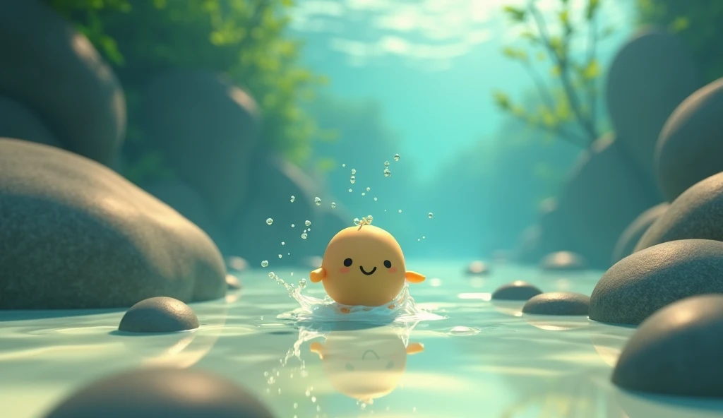 Pixar 3D style of Piko tumbling gently through crystal-clear water, surrounded by rounded stones glowing softly under the sunlight, small pebble named Piko, estilo Pixar 3D.