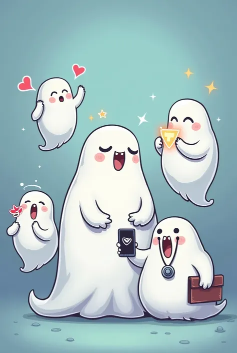 Ghosting cartoon characters - one cute ghost sending love,  a boring ghost, a ghost who in on her phone,  a doctor ghost, a fat ghost