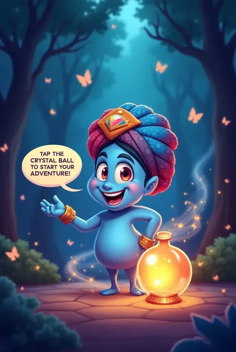 Create an image of Genie, a friendly cartoon genie with a round face, big eyes, and a big smile. She is wearing a colorful turban with a jewel in the center. Her lower body fades into a swirl of smoke with sparkles, and she is glowing, coming out of a shin...