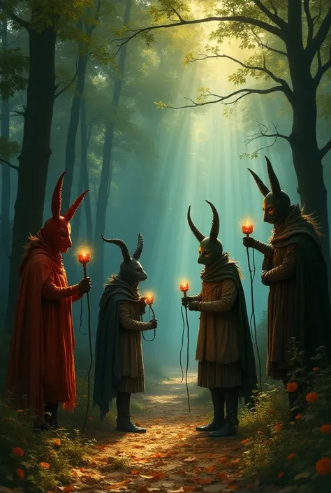  based on paintings by tomasz makowski paint Groups of ren in masks and costumes,  reminiscent of Makowskis theatrical characters , plays in an enchanted forest . Drzewa mają kształty przypominające abstrakcyjne formy,  and the light falling through the le...