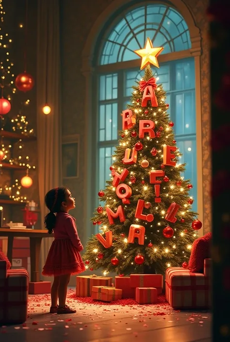  Create an image with a Christmas tree and put large letters on it to say Raquel Christmas . Put a girl who is 1 . 60 meters tall and Santaclos letters in Spanish 
