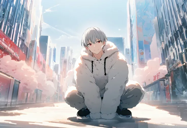  handsome, Alone, 1 male, Gray Hair, Red eyes,  Long Sleeve , Fluffy clothes, Fluffy hoodie,noon, White Light,cute目, Short Hairstyle ,cute,Designed Backgrounds Sparkling Tokyo Backgrounds, bright , looking at camera, smokes,cute背景,smile, squatting,Cutesy