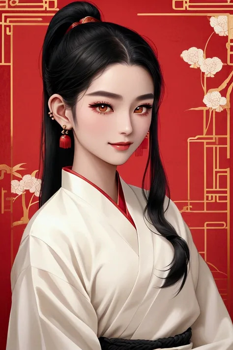  a half-length image with a traditional Japanese background,  boy,  long black hair tied in a low ponytail ,  Yellow Eyes , ethereal beauty, delicate smile, androgynous features ,  delicate makeup ,  dressed in traditional Chinese clothing , Wolfcut, Ear p...