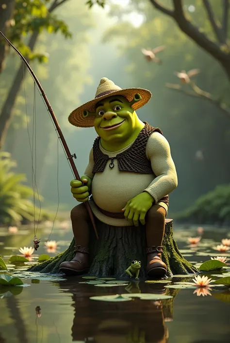 Fraction_9, Fraction_8_up, Fraction_7_up,  alone,  male focus,怪物史莱克,  green skin,landscape,swamp,Water Lily,straw hat,Holding a fishing rod , faint smile ,Leaves,frog,birds,Sitting on a tree stump,Outdoors 