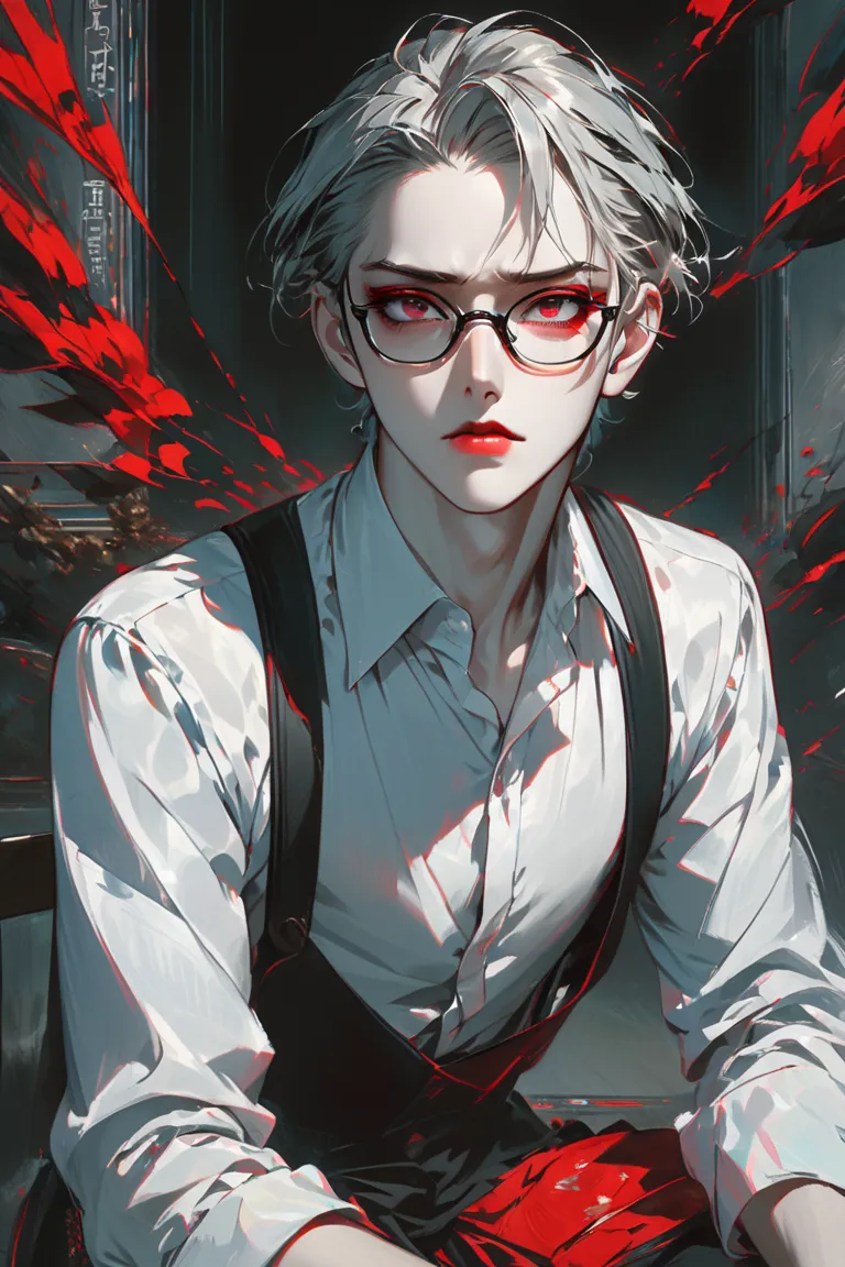 masterpiece, high_quality, distinct_image, 1boy, white skin, red lips, grey eyes, rectangular eyewear, white shirt, grey hair, s...