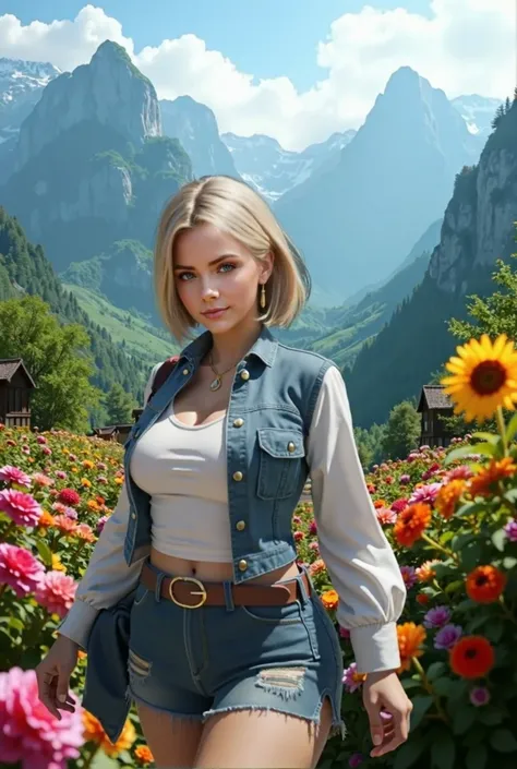 Blue-eyed blonde sheriff woman short hair big breasts thin waist wide hips with big butt in short sexy dress with slits in a beautiful landscape 