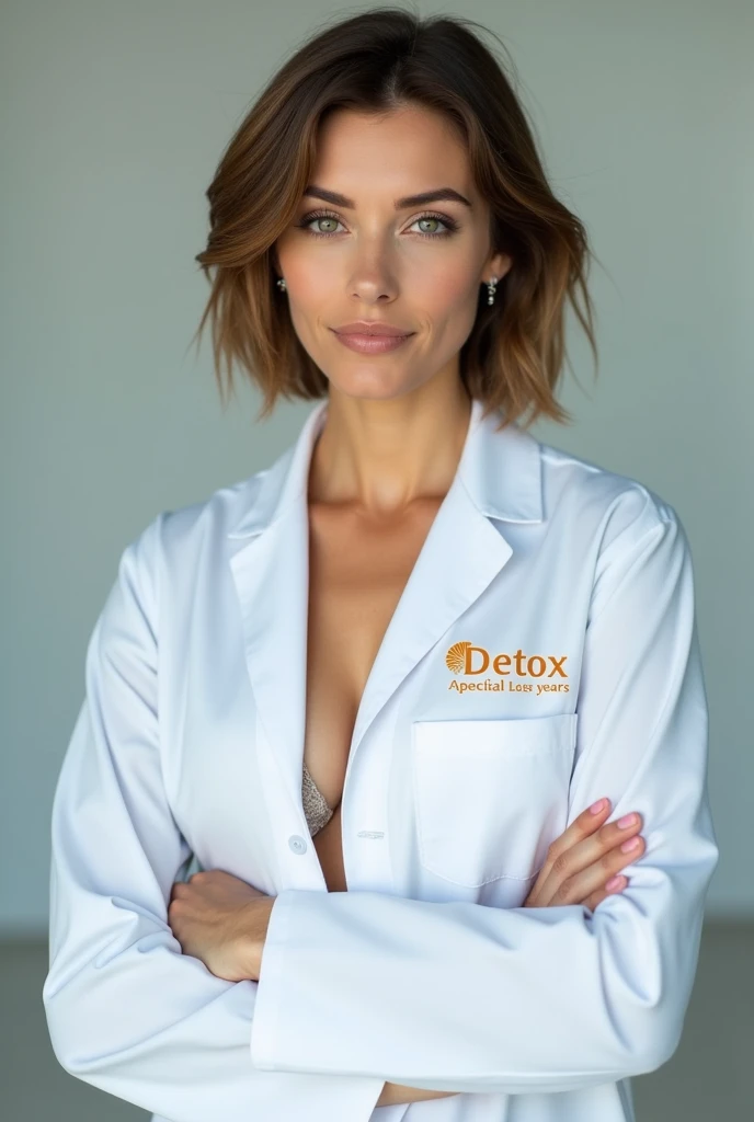 Woman wearing a professional white lab coat written in orange on the Detox Oriental lab coat, specialist in the field, aged between 33 and 35 years,  short brown hair , medium body, white brazilian, working