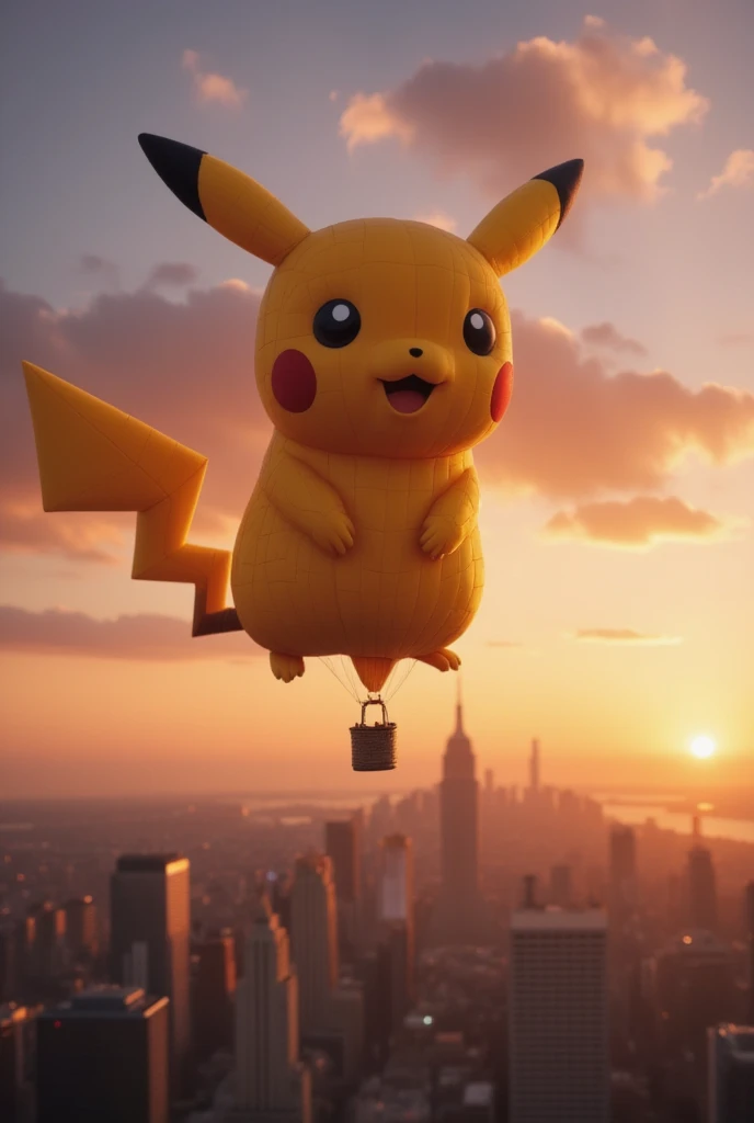 miniature photography, Pokemon Pikachu shaped hot air balloon, beautiful sunset sky, cinematic lighting, beautiful city landscape, HD, 32K, hyper detailed, masterpiece.