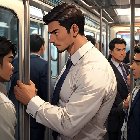 Crowded train in midsummer、All men、suit、 long sleeve shirt、tie、35-year-old male、Muscular、 shorthair 、 Tanned Skin、Sweating、hot、Steam from the side、 Steam from Chest 、Raise one arm to the back of the head、Tired、Looks like he&#39;s in pain