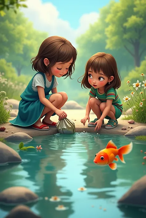 Two girls picking up garbage from the river with a goldfish in the water and one of them with brown hair and a blue dress with green and red striped blouses animated for a story 