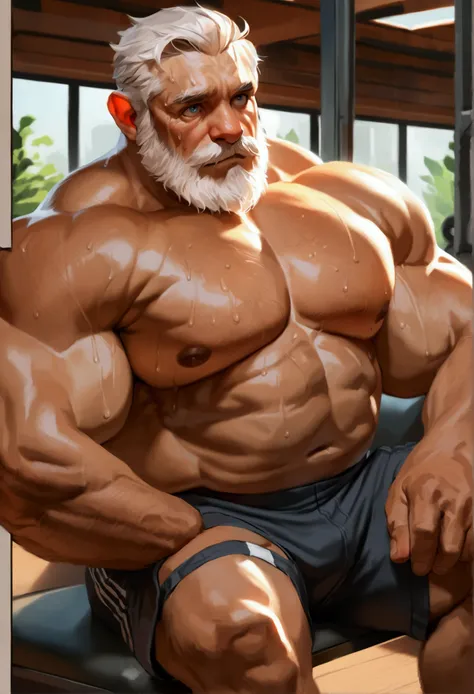 solo, 1boy, Muscular Old man, wide shoulder, pectoral, thick arms, huge pectoral, wide pectoral, sitting on gym, short white hair, detailed eyes, shorts, sweat, shirtless, masterpiece, semirealistic:1.2, high detailed, 8k, high resolution