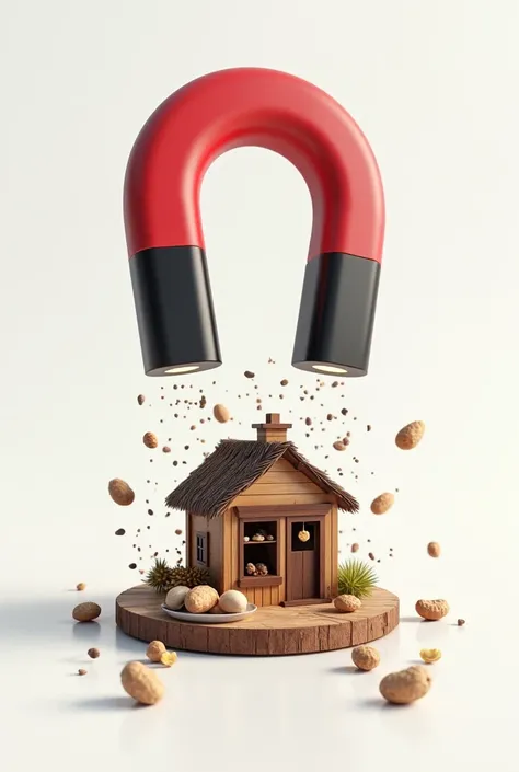  A red and black magnet with a plate of nuts next to it pulls out a small nuts shop. The background color is white