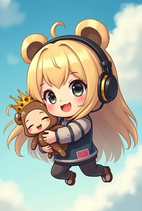 Chibi blonde, with long straight hair and black eyes, who is overly happy and jumping with joy, and has a gaming headset on her head and hugs a little bear with a superpower doll with a golden crown on her head, the painting must be in sky mode, wearing a ...