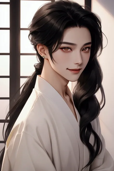 Join a half-body image of a person wearing a Japanese wedding dress , beautiful androgynous prince, delicate androgynous prince, A handsome boy in Demon Slayer art,  AWESOME ANIME FACE PORTRAIT, Male anime style,  male anime character , Anime portrait of a...