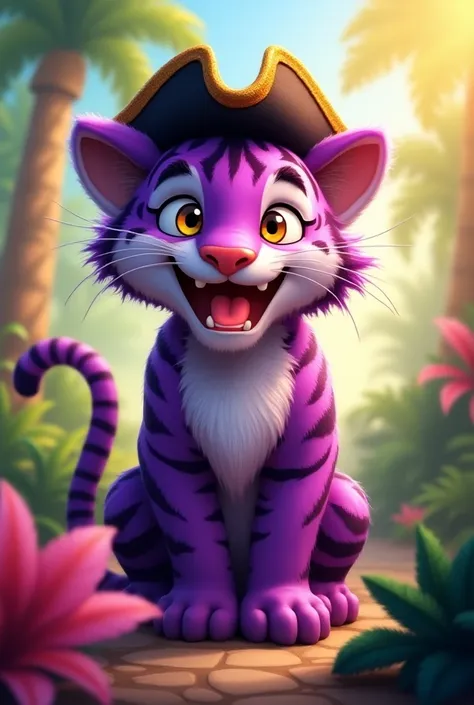 Happy bright purple tiger with pirate hat