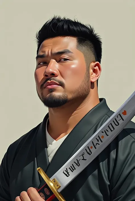 The color of Japanese mens hair is black 、 is short hair, fade finish, short beard from raised to chin, chubby figure, round face shape, and a sword