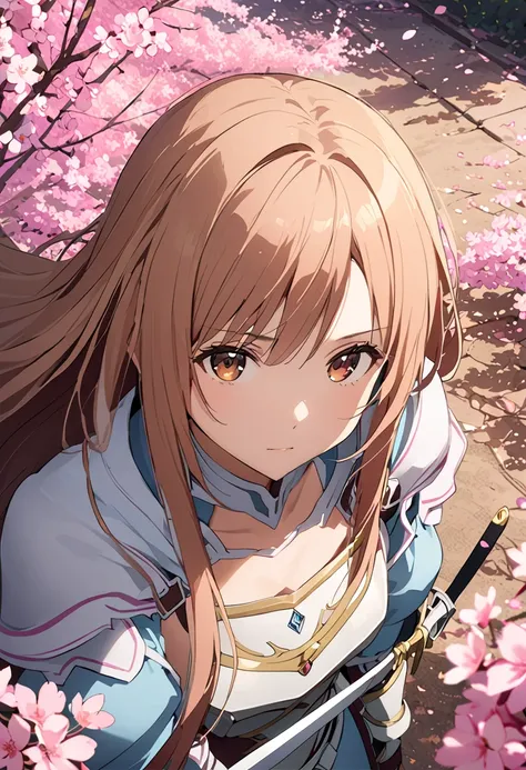 Alone,  1 girl,  Asuna Yuki,  review, Long Hair, Hazel Eyes ,  Had, bangs, keep, arms, Focus on women, sword, Cape, armor, Lambent Light, Handguard, sheath, armor, full armor, Integrated Knight， Cherry blossoms are blooming all over the ground，Background o...