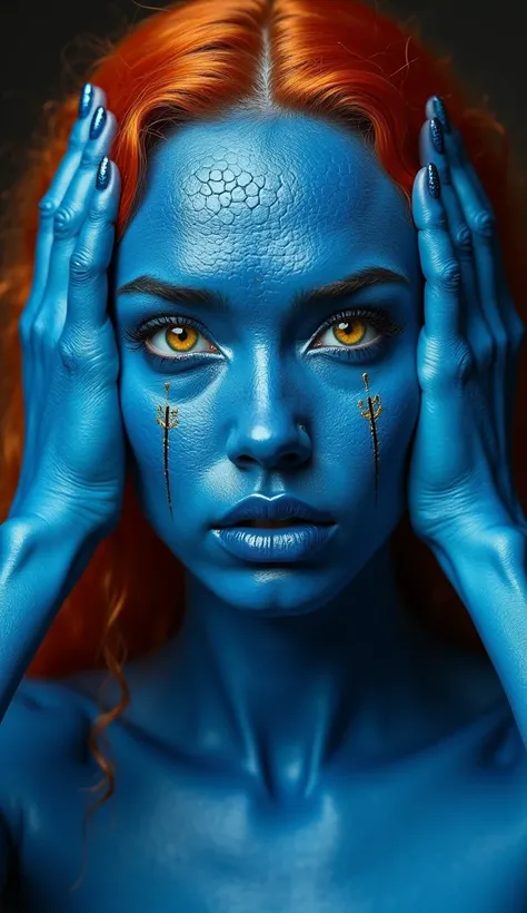 a woman with scaley blue skin and red hair. On her forehead and under her eyes she was scaley, yellow eyes, blue lips, His body is blue with a damascus sword pattern, covering both his ears with his blue hands, the picture looks very realistic 