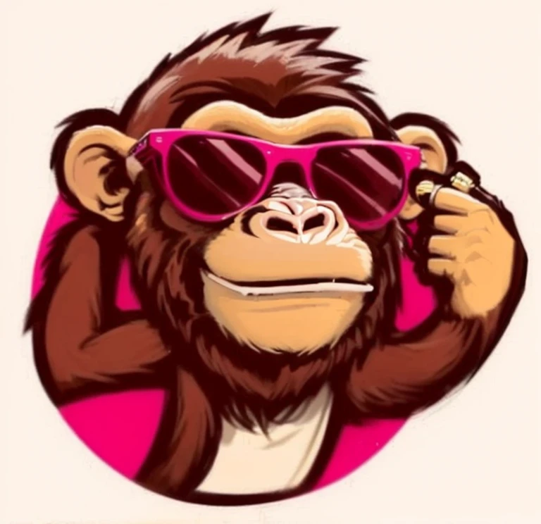 a close up of a monkey wearing sunglasses and a pink circle, bored ape nft, monkey, bigfoot wearing sunglasses, bored ape, monkeys, face like monkey, subject= chimp, like gorilla, monkey punch, bored ape yacht club, in style of primal apes, cool face, look...