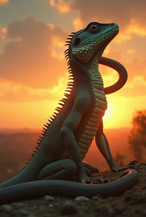 Prompt: "As the sun sets,  an extraordinary phenomenon occurs :  the lizard and the snake ,  for some mysterious reason ,  begin to merge ,  its forms intertwining in a unique and surreal fusion . As escamas do lagarto  begin to merge  com a pele da cobra,...