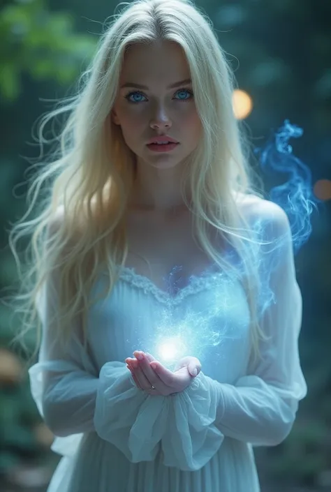  a fair-skinned young woman ,  blue eyes and blond hair ...  with powers of magic over illusion, telekinesis and light energy 