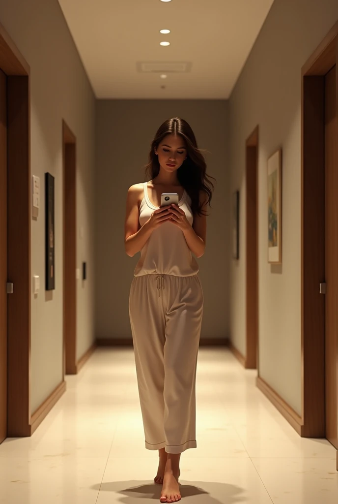  slim attractive romantic girl. wearing simple tank top and pajama.walking to the elevator . girl using phone 